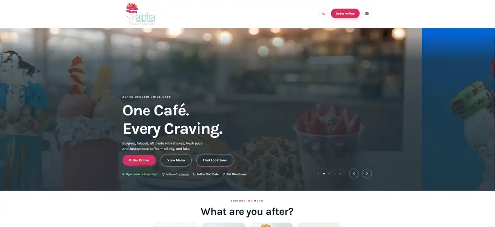 Homepage of Alpha Dessert Juice Cafe showing the open now status and branch picker